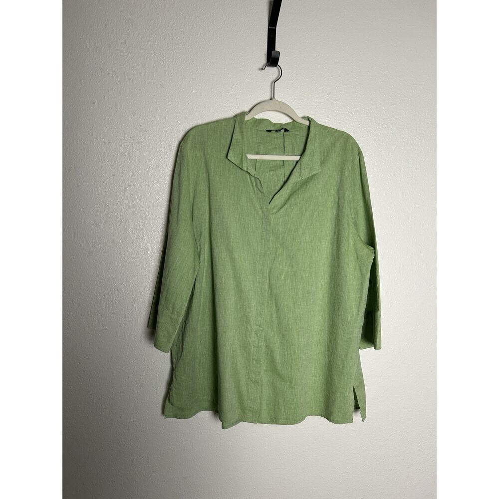 MISOOK Green 3/4 Sleeve Cotton Linen Blend Button Up Top Size XL